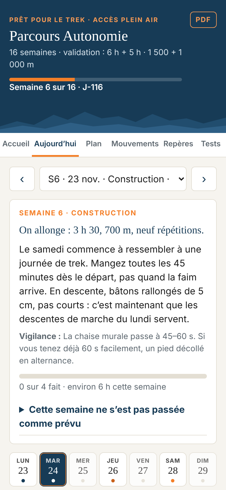 La page Prêt pour le trek sur un téléphone : semaine 6, mardi, séance B