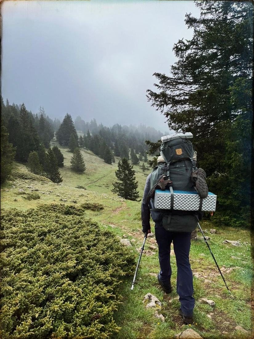 Un randonneur, sac sur le dos, sur un sentier en forêt